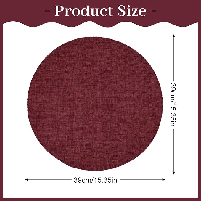Round Placemats Set of 6, 15 Inch Linen Fabric Table Placemats, Heat Resistant, Wrinkle Free Washable Placemats Kitchen Place Mats Set of 6 for Dining Table Party Table (Wine Red, 6)
