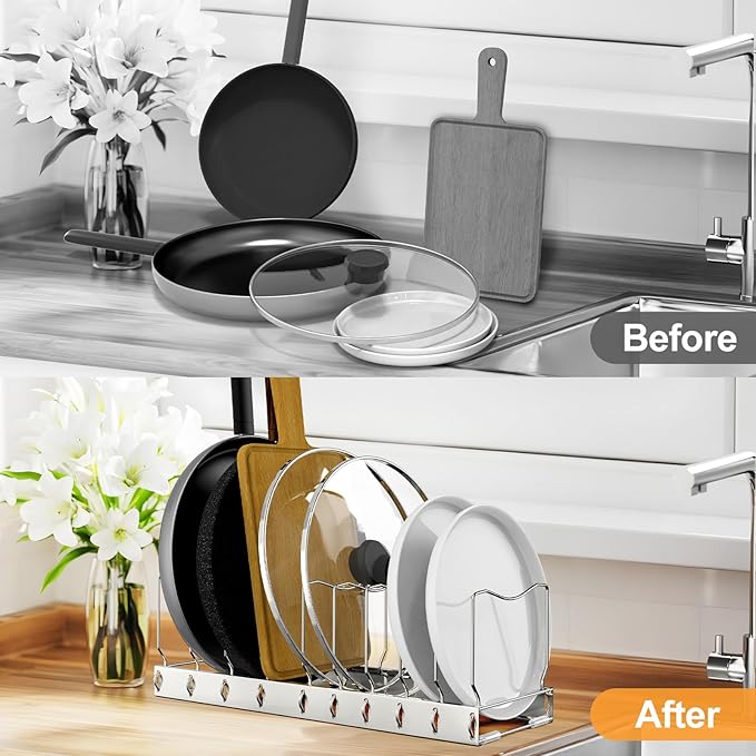 FLSEPAMB Pan Organizer - Adjustable Lid Organizer for Kitchen, Heavy Duty Pot Lid Organizer, Under Sink, Drawer, Pantry Storage