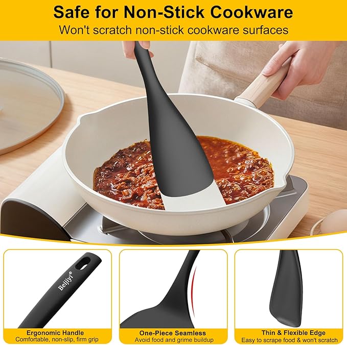 Beijiyi Silicone Spatula Set of 4, 600°F Heat Resistant, BPA Free Kitchen Spatula and Spoons for Nonstick Cookware, Solid & Slotted Turner Cooking Utensils for Serving, Flipping Egg, Pancakes (Black)
