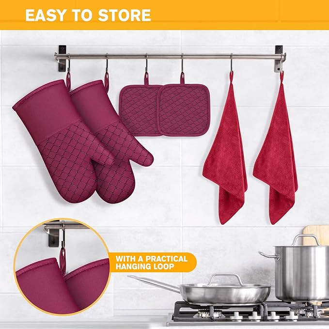 6 Pcs Oven Mitts and Pot Holders, 500℉ Heat Resistant Oven Mitts with Kitchen Towels Soft Cotton Lining and Non-Slip Silicone Surface Safe for Baking, Cooking, BBQ (Red)
