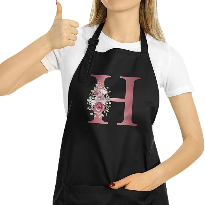 ROKO CLOTHING Personalized Initials Apron with Pockets Custom Kitchen Aprons Women for Baking Cooking Adjustable Neck Waist