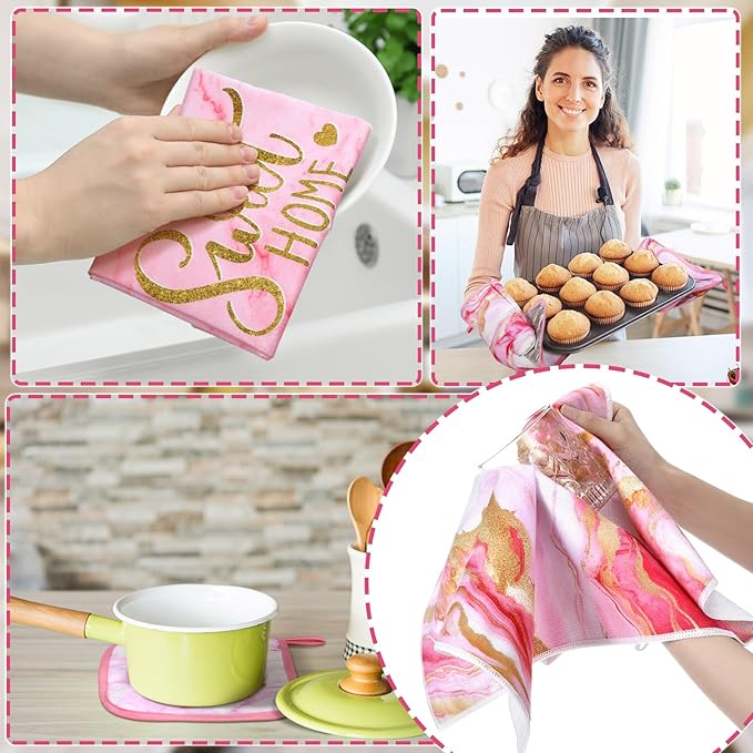 Fourluoo 10 Pcs Kitchen Dish Towels Rugs Oven Mitts and Pot Holders Kit Farmhouse Kitchen Decor Set Gloves Vintage Potholders for Baking Cooking Chef(Pink,Modern)