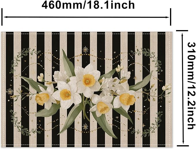 HOMETITUTE Floral Placemats Set of 4 Linen 12x18 Inch Washable Table Mats Black and White Stripes with Daffodil Flowers Decorative Table Placemats Set of 4 Farmhouse Kitchen Dining Everyday Decor