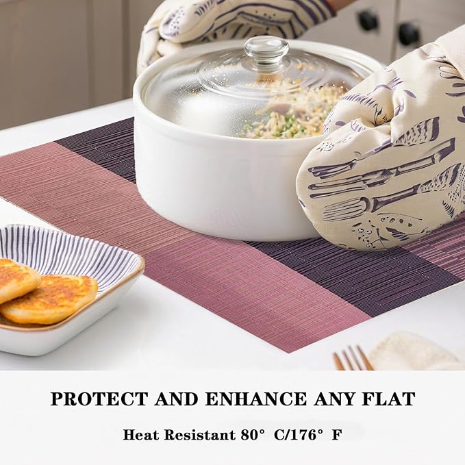 Brown Red Placemats Set of 2 - Heat Resistant Non-Slip Place mats for Dining Table, Washable Durable PVC Vinyl Woven Table Mats (Brown Red, 2)
