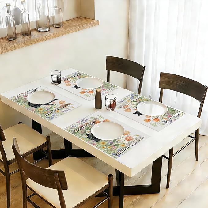 Black Cat Placemats Set of 4, Spring Floral Watercolor Table Mats for Outdoor Home Party Kitchen Dining Decor, Washable Non-Slip Heat Resistant Linen Fabric Rectangle Place Mats, Cute Cat Lover Gifts