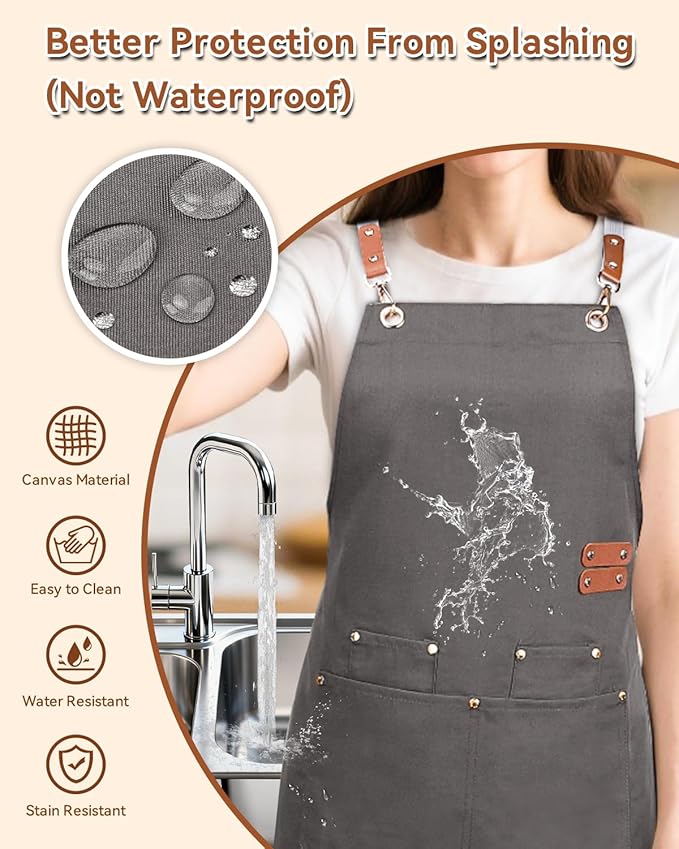 Teskyer Kitchen Cooking Apron with Pockets, Water Oil Resistant, Canvas Cross Back Aprons for Men Women Chef Server