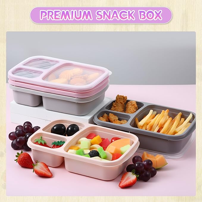 Honeydak 5 Pack Snack Containers 3 Compartment Bento Snack Boxes Divided Meal Prep Containers with Lids Reusable Adults Lunch Food Storage Box for School Work Travel(Creamy Pink Gray)