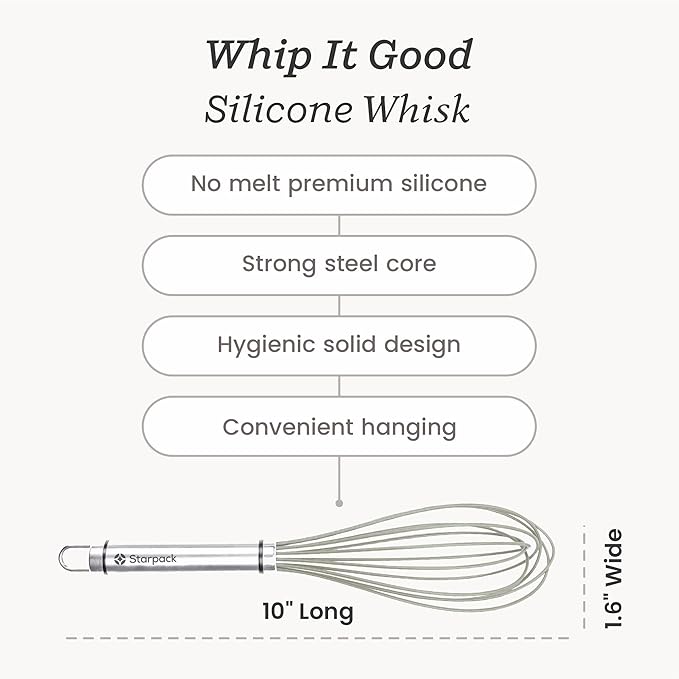 Starpack 'Whip it Good' Silicone Whisk for Nonstick Cookware - Non Scratch, 9.8" Whisk Heat Resistant 600°F - Kitchen Whisks for Cooking, Baking & Stirring - Silicone Coated Durable Rubber Egg Whisks
