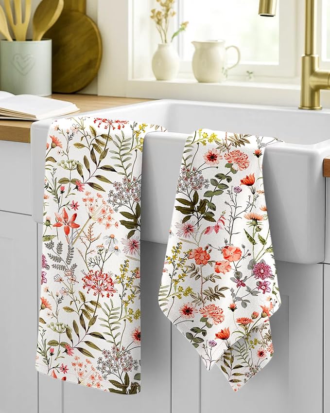 Miss Adola Flour Sack Kitchen Towels Set of 2-18x26 Cotton Dish Towels with Hanging Loop Reusable Tea Towel for Cleaning Spring Absorbent Dishcloths Cute Home Decor Housewarming, Flower Shrubs