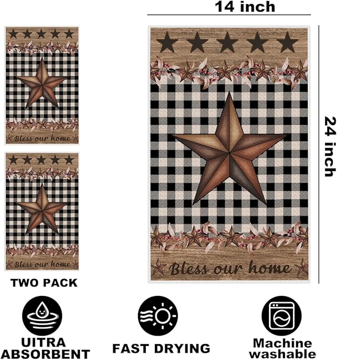 Jztco 2 Pcs Western Kitchen Towels, Western Texas Star Reusable Hand Tea Towel, Microfiber Dish Cloths for Drying Dishes, Waffle Dish Towels for Bathroom Kitchen Decor, Star Gifts for Women Mom