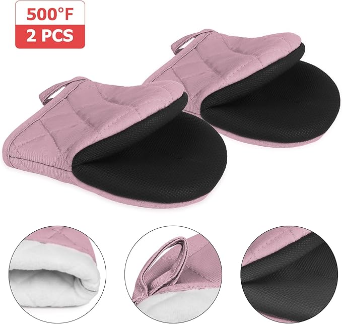 Short Oven Mitts, Heat Resistant 500°F, Silicone Grip Kitchen Gloves, Non-Slip for Baking, Grilling, BBQ, Machine Washable with Hanging Loop, 2-Pack Set, Light Pink