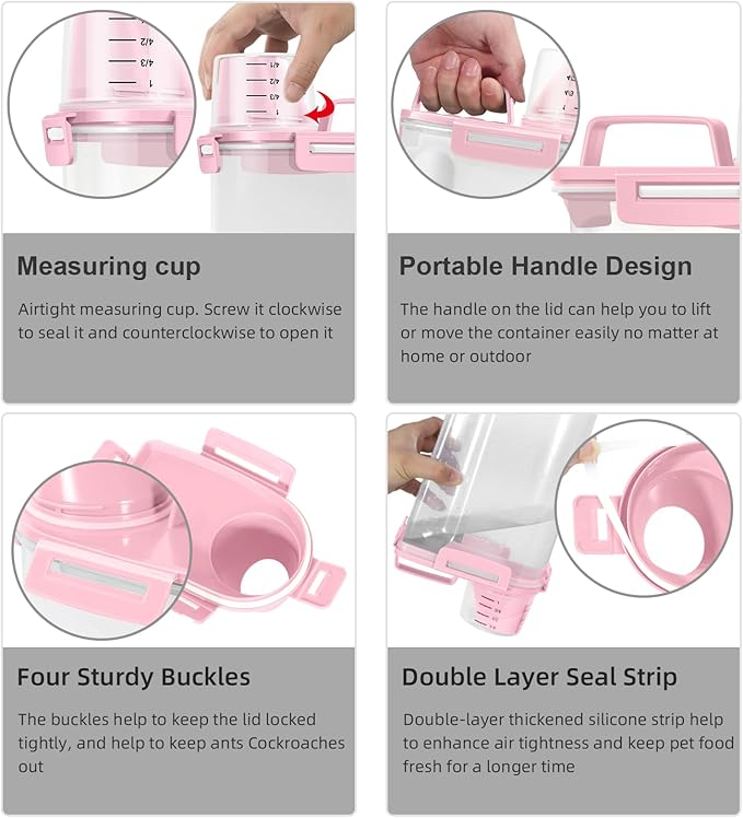 LEAWALK 3-5Lbs Airtight Small Cat Dog Pet Food Storage Containers BPA Free, with Large Pour Spout/1 Measuring Cup/ 4 Safety Locks and Double-layer Silicone Strip (Pink 2Pack)