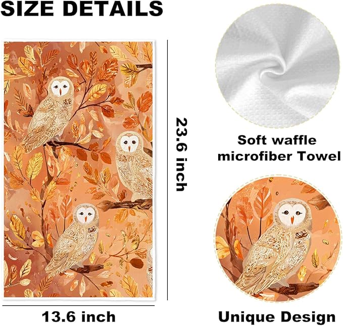 3 Pcs Fall Owl Kitchen Towels, Autumn themed Decorative Absorbent Microfiber Dish Cloth Tea Towel, Vintage Waffle Soft Hand Towels for Farmhouse Home Bathroom, Fall Gifts