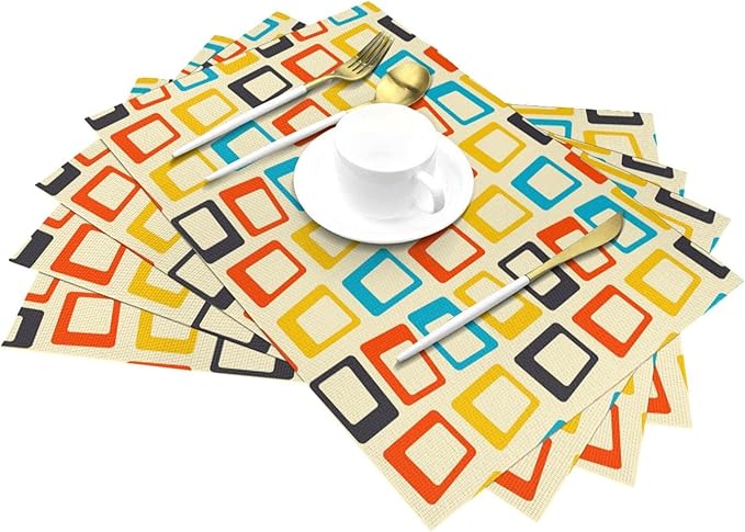 Retro Placemats Set of 4, Mid Century Modern Dining Table Place Mats, Washable Heat Resistant Table Mats for Kitchen Dinner Holiday Party Home Decor 12x18 Inch