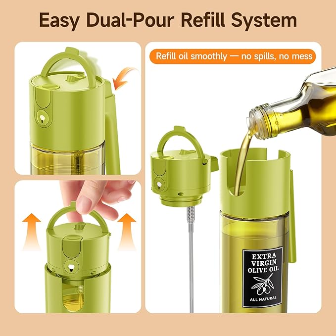 Oil Dispenser and Sprayer Set 16oz/500ml Olive Oil Dispenser for Cooking, 2 in 1 Spray and Pour Oil Bottle for Kitchen Air Fryer Salad Grilling, UV Resistant Glass（Black+Green）