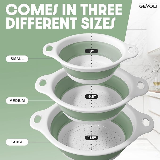 Gevoli Collapsible Colanders (3 Pack Set) Food Strainers with Over-Sink Water Draining Base for Pasta Fruits and Vegetables, White/Sage (3 Sizes, 3QT, 4QT and 5 Quart)