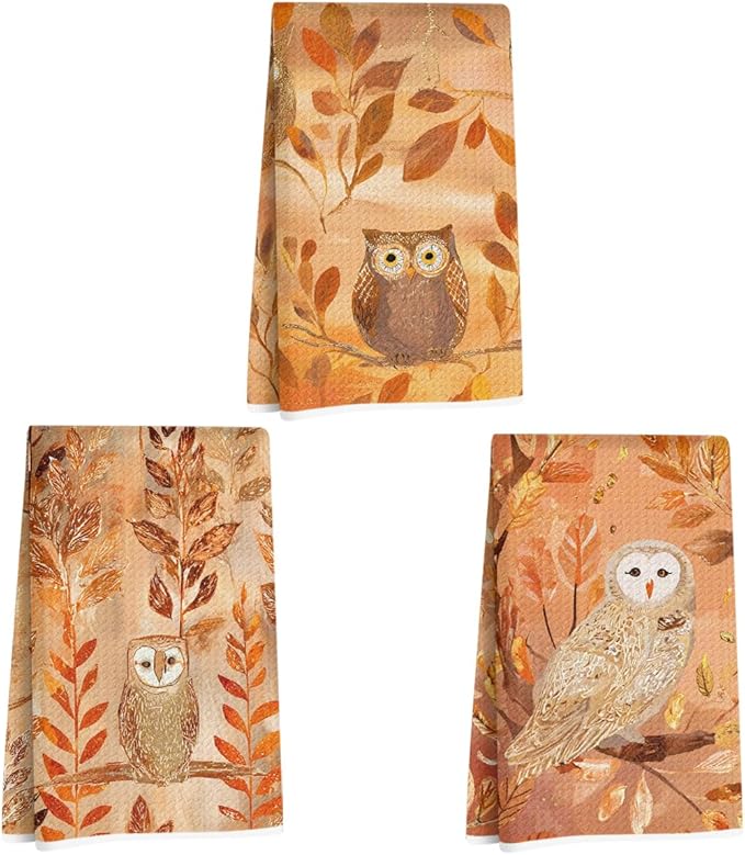 3 Pcs Fall Owl Kitchen Towels, Autumn themed Decorative Absorbent Microfiber Dish Cloth Tea Towel, Vintage Waffle Soft Hand Towels for Farmhouse Home Bathroom, Fall Gifts