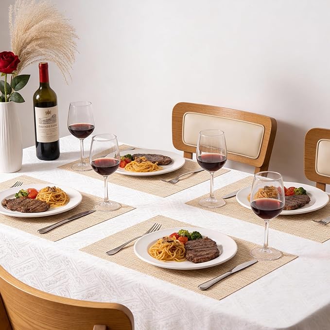 Timeet Placemats Set of 6, Heat Resistant Non-Slip Place Mats for Dining Table, Durable Washable PVC Vinyl Woven Table Mats, Linen Textured Placemats for Kitchen Resistant Easy to Clean(Beige