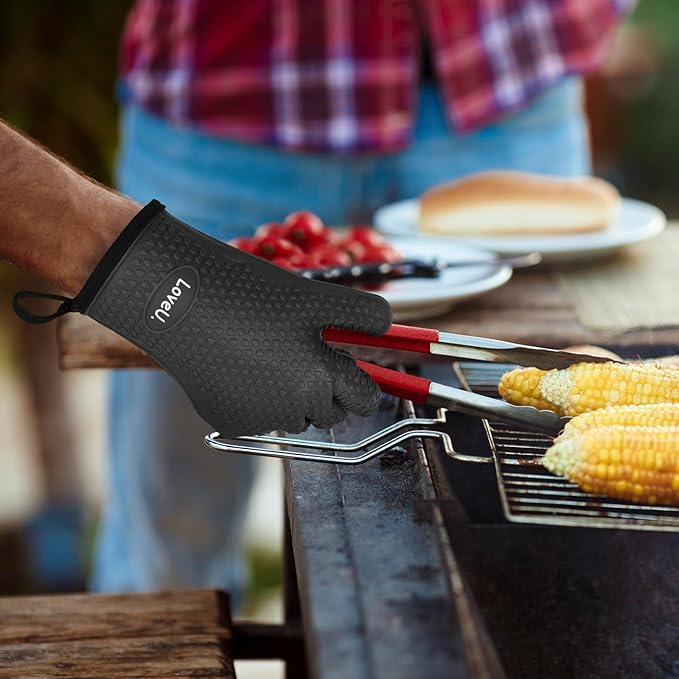 Kitchen Oven Gloves - Dual-Layer Heat Resistant Grilling Gloves, Silicone Oven Mitts with 5 Fingers, Waterproof Non-Slip Pot Holder for Barbecue, Cooking, Baking (Black)