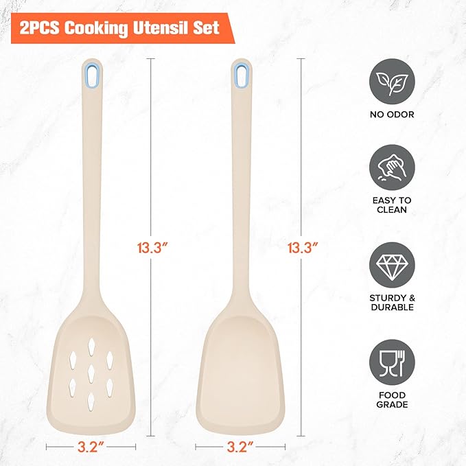 Silicone Cooking Spatula&Slotted Spatulas, Pack of 2,Solid Turner Kitchen Utensils Set for Cooking,Frying, Baking, Flipping, Turning,Heat Resistant 450℉ (KHAKI)