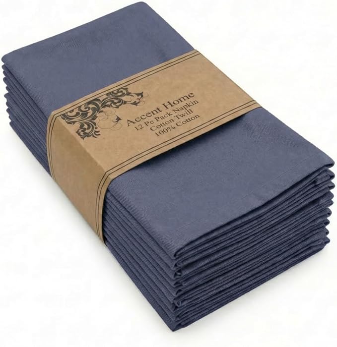 ACCENTHOME Accent Home 100% Cotton Napkins, Delicate Cloth Napkins for Dinners, Parties and Weddings，18 x 18 Inch Set of 12 - Navy