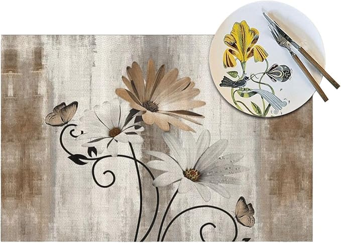 Floral Place mats Set of 4, 12x18 Inches Rustic Brown Daisy Flower Decorative Placemats Rectangle Floral Table Mats for Party Home Kitchen Dining Table Decoration