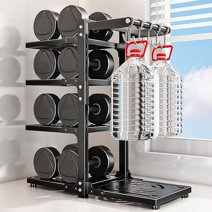 4-Tier Pot and Pan Organizer Rack, Adjustable Kitchen Cabinet Storage with Hooks, Black Metal, Space-Saving Cookware Holder