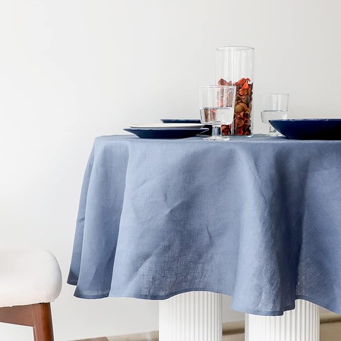 Simple&Opulence Textured Tablecloth 100% Linen Table Cloth, Kitchen Dinning Tabletop Decoration, for Outdoor and Indoor Use (Round Classic Blue, 60")