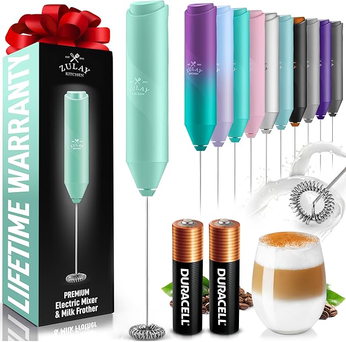 Zulay Kitchen Powerful Milk Frother AA Batteries Included – Ultra Fast Handheld Drink Mixer with Stainless Steel Whisk Stirrer for Coffee, Protein, Matcha & More, Frother Wand Electric Frothmate Mint