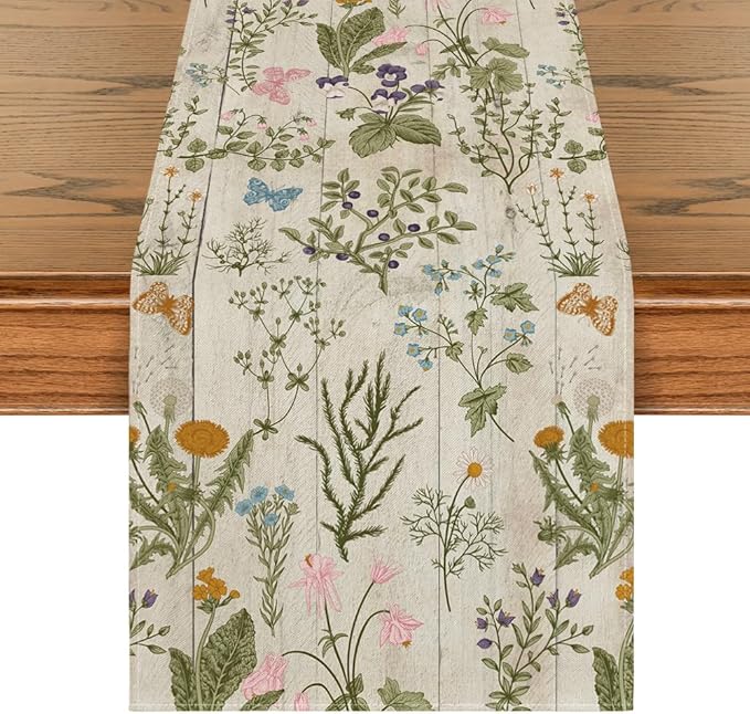 Artoid Mode Wood Wild Flowers Floral Spring Table Runner,Seasonal Summer Kitchen Dining Table Decoration for Home Party Decor 13x72 Inch