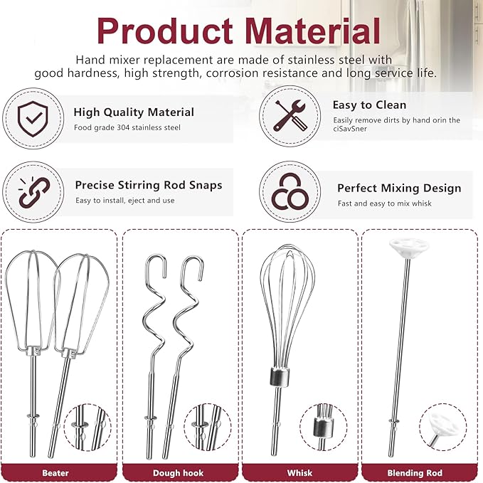 Hand Mixer Attachments Beater, Whisk, Blending Rod and Dough Hooks, Stainless Steel Hand Mixer Accessories Compatible with Kitchenaid Hand Mixers KHM3 KHM5 KHM7 KHM9, Set of 6