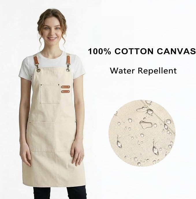 ZOMAO Chef Apron for Women Men with Large Pockets, Cotton Canvas Cross Back Waterproof Work Aprons for Kitchen Cooking Bib