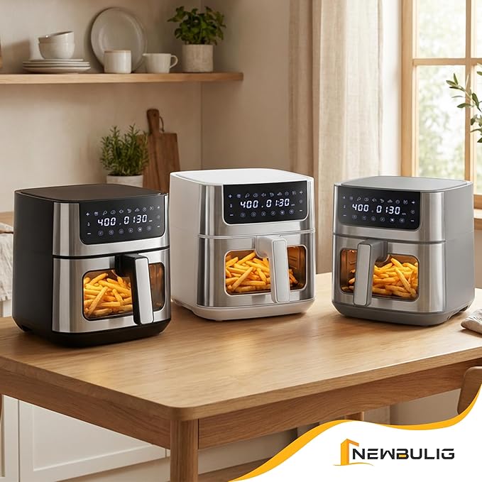 NEWBULIG Air Fryer 6.34QT, Airfryer with Visible Window, 400℉ Fast Heating Air Fryers Oven with Nonstick and Dishwasher-Safe Basket, 8-in-1 Cooking Preset, Timer，Auto-Off, Stainless Steel, Black