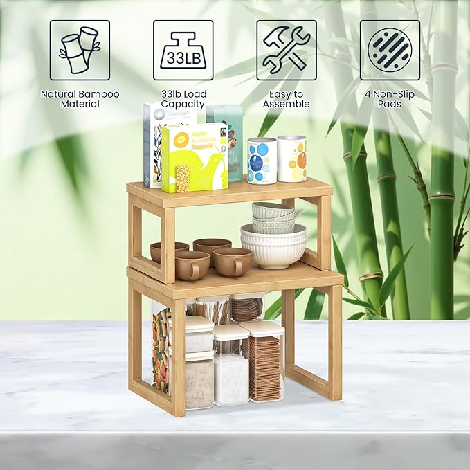 HOOBRO Cabinet Organizer Shelf, Set of 2 Kitchen Counter Shelves, Expandable Kitchen Storage, Stackable Bamboo Spice Rack, for Kitchen, Countertop, Office Desk, Living Room, Natural YL20TL01