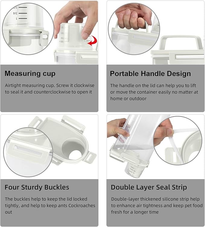 LEAWALK 3-5Lbs Airtight Small Cat Dog Pet Food Storage Containers BPA Free, with Large Pour Spout/1 Measuring Cup/ 4 Safety Locks and Double-layer Silicone Strip (Off White 2Pack)