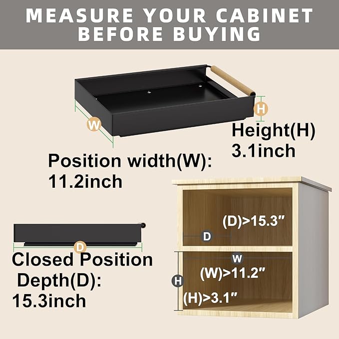 2 Pack 15.3'' Deep Expandable Slide Out Cabinet Shelf No-Drill Pull Out Drawer with Nano Film Adhesive, Heavy Duty Pull Out Tray for Kitchen, Pantry & Bathroom, Black