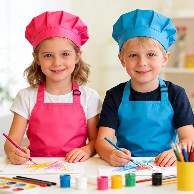 Kids Apron and Chef Hat Set Adjustable Child Aprons with 2 Large Pockets for Girls Boys Cooking Baking Painting Gift