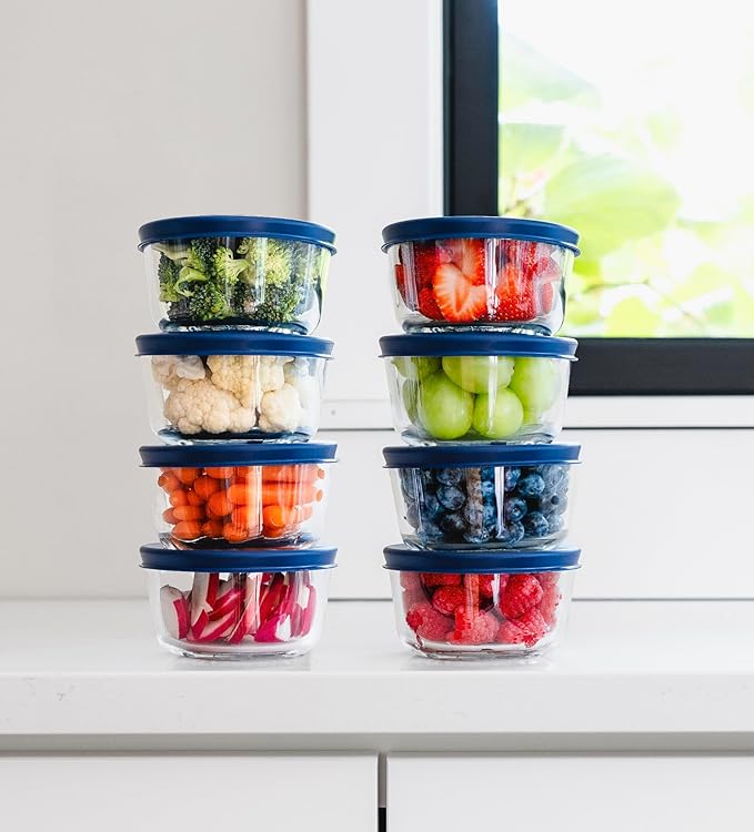 DURA LIVING 16-Piece Glass Food Storage Containers Set (8 Containers + 8 BPA-Free Lids) | 1-Cup, Leakproof | Microwave, Freezer, Oven & Dishwasher Safe | Ideal for Meal Prep & Pantry Organization