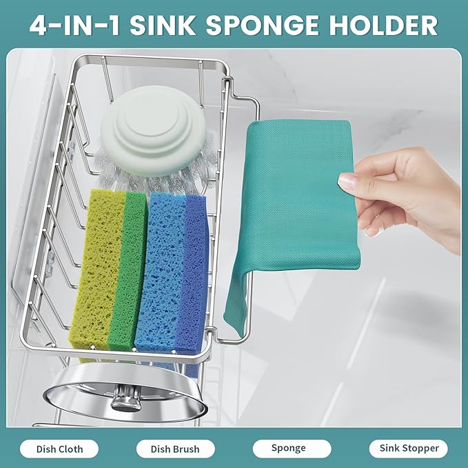 StorageRight 4-in-1 Sponge Holder for Kitchen Sink, Sink Caddy Organizers and Storage with Adhesive Hook & Suction Cups, Rustproof Kitchen Sink Organizer for Home Decor - Silver