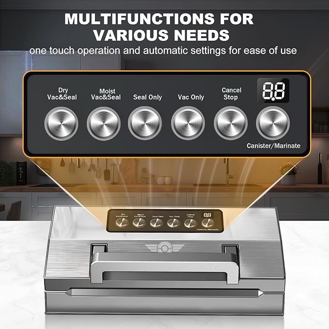 Precision Food Vacuum Sealer Machine, POWOT Fully Automatic Vacuum Sealing System, Commercial Food Vacuum Saver Pro, Double Heat Seal, Easy-Lock Handle, Built-in Cutter&Bag Storage, Hose&Bag Rolls
