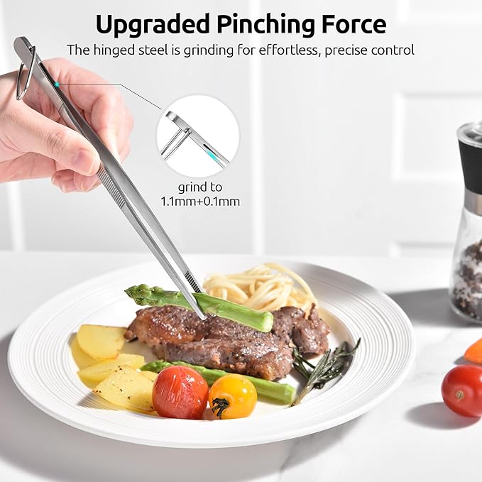 U-Taste 8" Kitchen Plating Tweezer Set: 18/8 Stainless Steel Food-Grade Metal Food Tong, Seamless-Welding, Flexible Pinching and Non-Slip for Serving, Decorating, Cooking, Baking (Round & Pointed Tip)