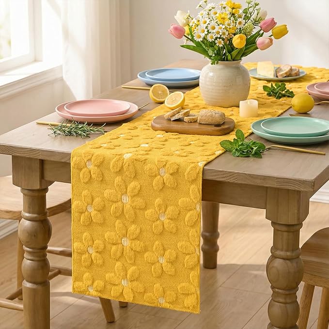 Artoid Mode Yellow Soft Plush Faux Fur Jacquard Embroidery Daisy Spring Table Runner, Kitchen Dining Table Decoration for Home Party Decor 13x36 Inch
