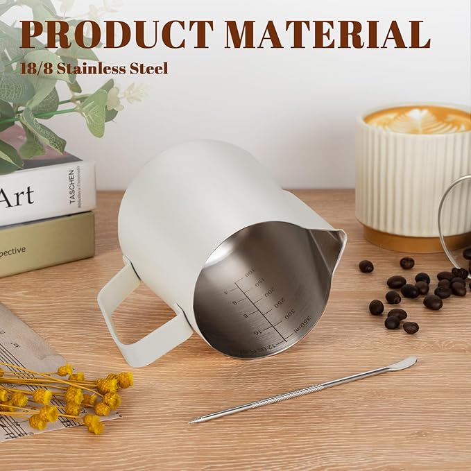Amrules Milk Frothing Pitcher, 12oz Milk Frother Cup with Clear Scale, 304 Stainless Steel Cappuccino Espresso Machine Accessories for Barista Coffee Bar with Latte Art Pen, White