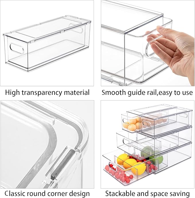 MineSign 9 Pack Stackable Refrigerator Organizer Bins Pull-Out Drawers for Fruit and Veggies Storage Organizer for Fridge Clear Drawer Containers with Handle Divided Organization for Produce Saver