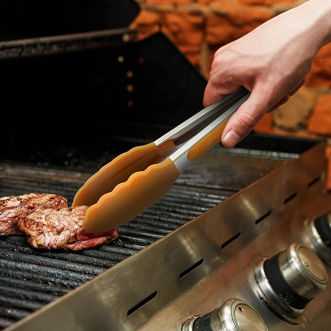 3 Pack Orange Kitchen Tongs, Premium Silicone BPA Free Non-Stick Stainless Steel BBQ Cooking Grilling Locking Food Tongs, 9-Inch 10-Inch & 12-Inch