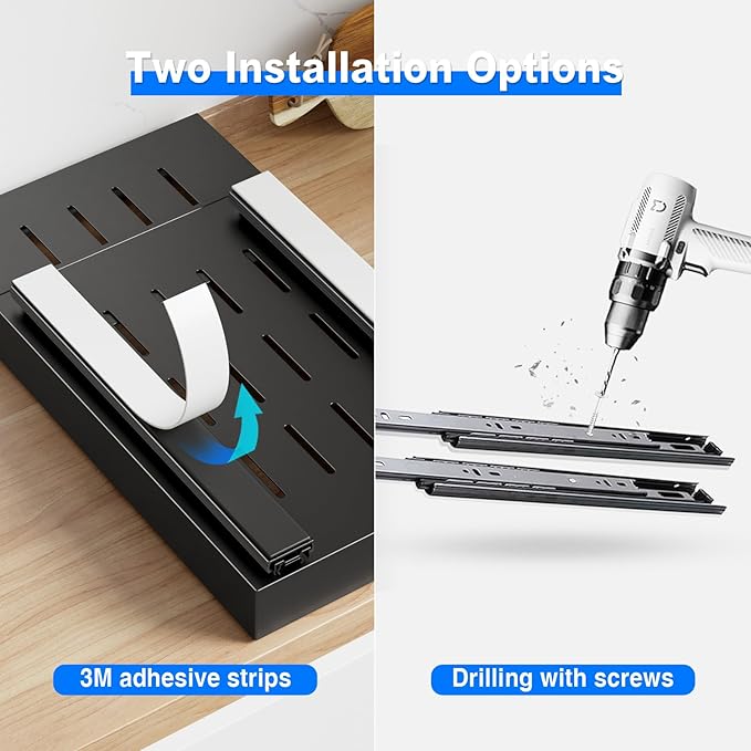Mustorn 2 Pack Pull Out Cabinet Organizer,21.8" Deep Slide Out Drawer for Cabinets Adhesive Pull Out Drawers Heavy Duty Pull Out Shelves for Kitchen,Cupboard,Pantry,Bathroom-Black