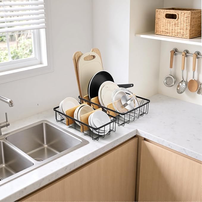2-Pack Adjustable Lid Organizers - Large Kitchen Cabinet Organizer for Food Storage Container and Tumbler Cup Lids with 6 Bamboo Dividers - Organizers in Kitchen/Pantry/Laundry Room