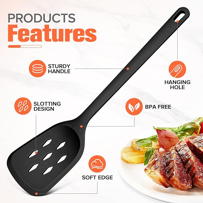 Silicone Cooking Spatula&Slotted Spatulas, Pack of 2,Solid Turner Kitchen Utensils Set for Cooking,Frying, Baking, Flipping, Turning,Heat Resistant 450℉ (BLACK)