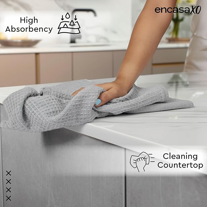 Encasa XO Kitchen Dish Towels Set | Light Grey | Waffle Weave and Flat Hand Tea Towel | 28"x18" | Quick Drying Reusable Cotton Washcloths | Multipurpose Lightweight Dishcloths Set of 4