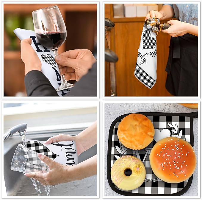 5 Pieces Buffalo Plaid Kitchen Towels Oven Mitts and Pot Holder Set Black and White Kitchen Towels Oven Gloves, Hot Pads Pot Holders for Farm House Accessories Decor(Heart)